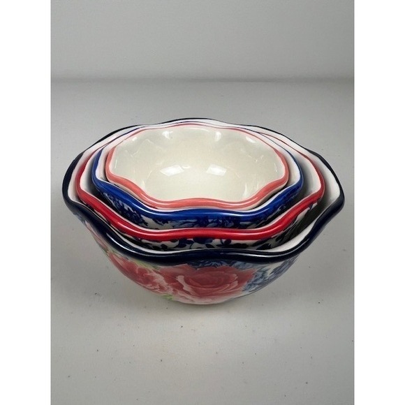 Pioneer Woman Heritage Floral Stoneware Nesting Measuring Bowl Set of 4 Blue Red - Picture 6 of 8